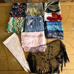 Womens Scarf Lot Of 9 Silky Lightweight Fashion Scarves Mixed Prints